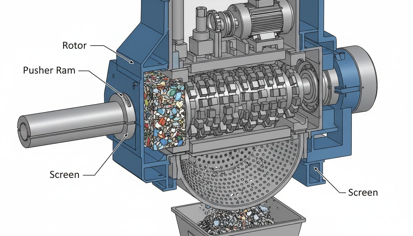 A cutaway view of a single-shaft shredder showing the rotor, pusher ram, and screen