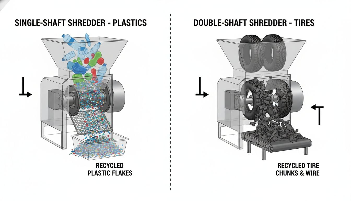 A diagram showing a single-shaft shredder processing plastics and a double-shaft shredder processing tires