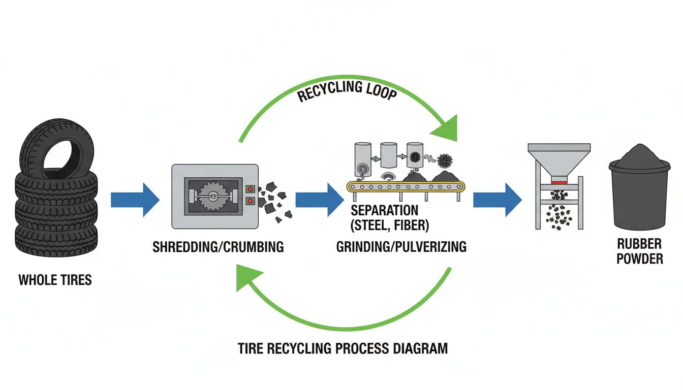 A diagram showing the tire recycling process from whole tire to rubber powder