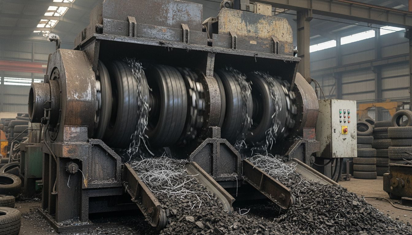 A double-shaft shredder effortlessly tearing apart a large truck tire