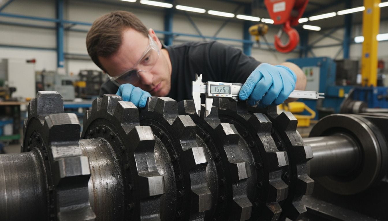 A technician inspecting the sharp, hardened steel knives of a shredder rotor