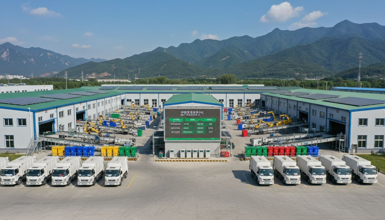 Industrial facility with trucks and recycling equipment under blue sky