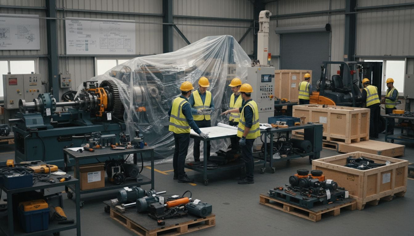 Planning Machinery Disassembly Engineers planning the disassembly of machinery for shipping