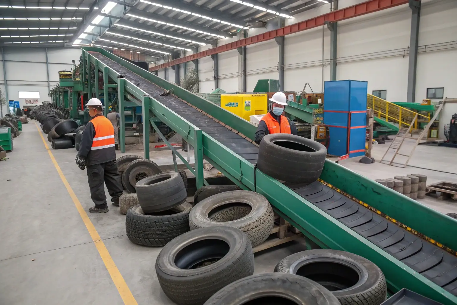 Workers handling tires on a conveyor belt in a factory