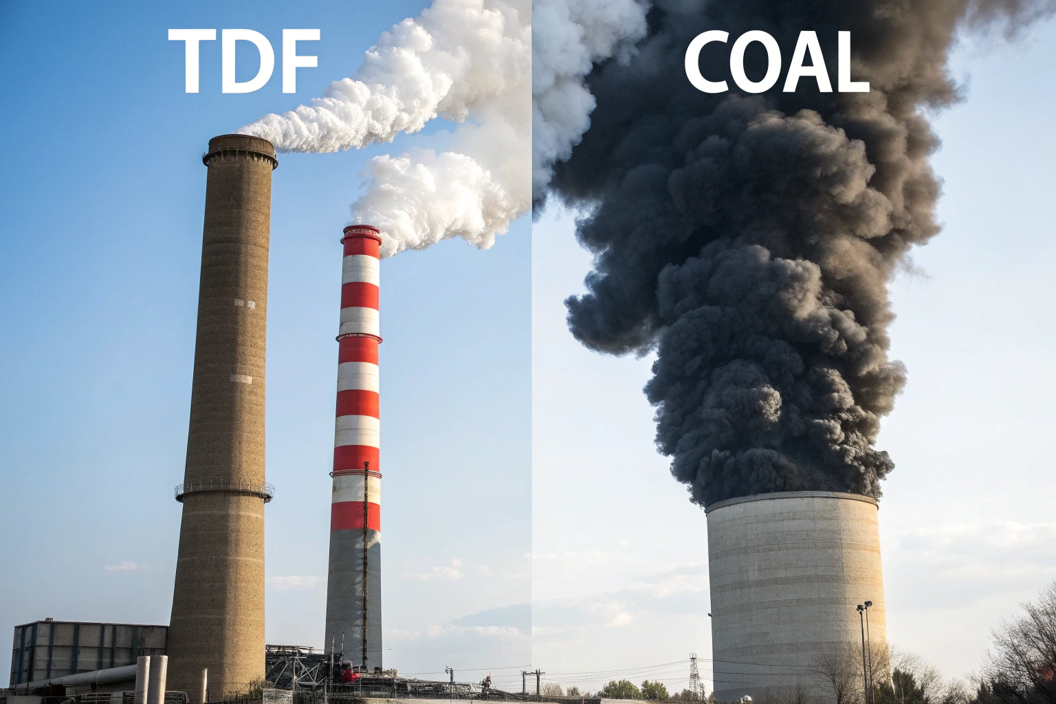 A graphic comparing the emissions from burning TDF versus coal