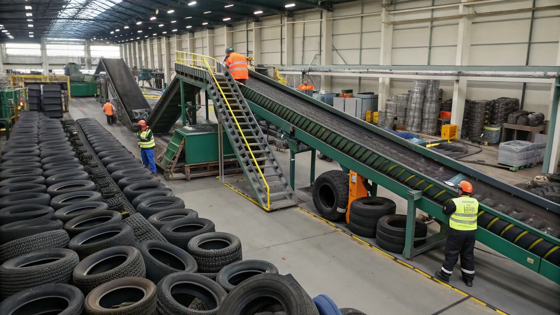 A large-scale tire recycling plant in operation