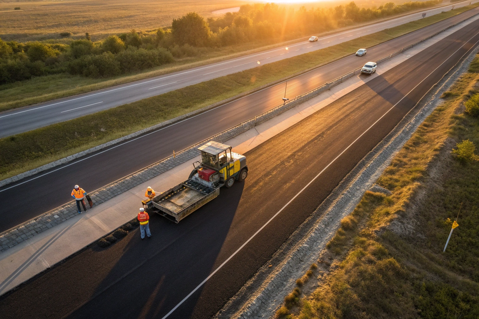 A new highway being paved with rubberized asphalt